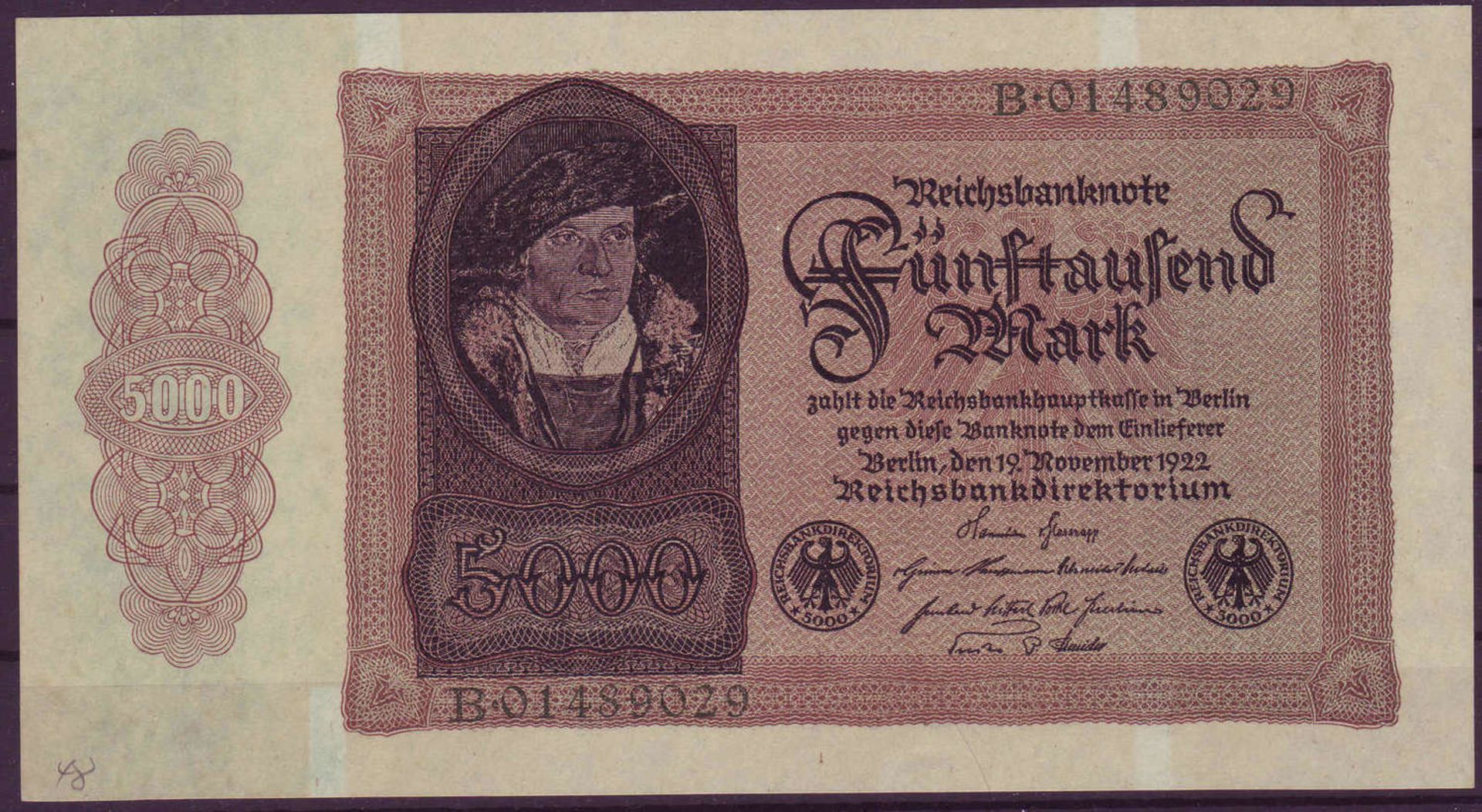 Weimarer Republik, 5000 Mark - Banknote 19.11.1922. Rosenberg 77. Zustand I.Weimar Republic, 5000