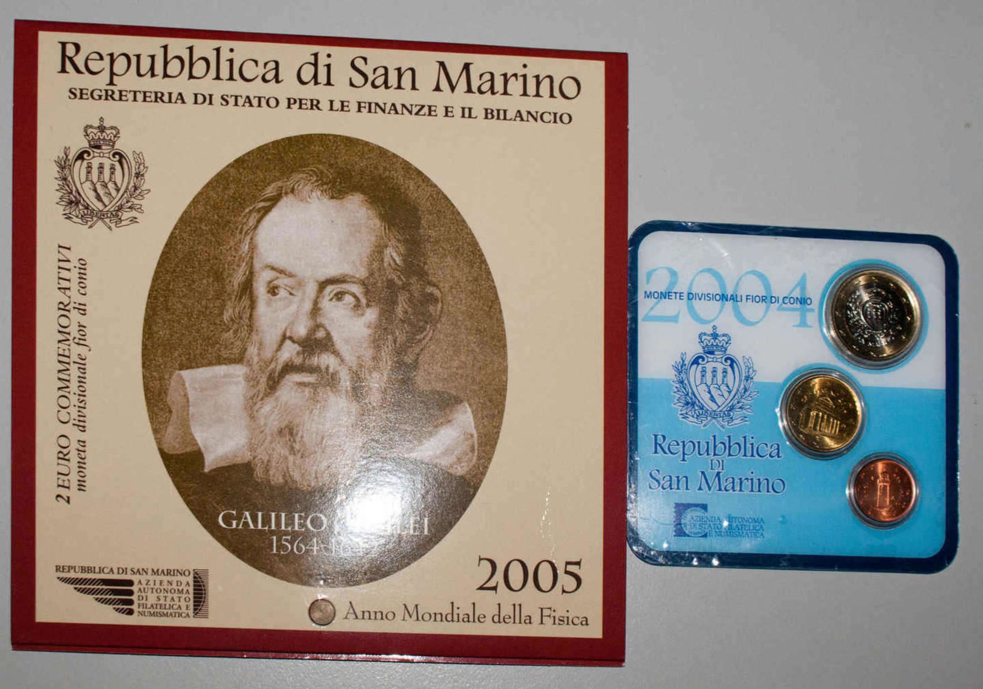 San Marino Minikit 2004, sowie San Marino 2005 2 Euro Gedenkmünze Galileo Galilei in Original