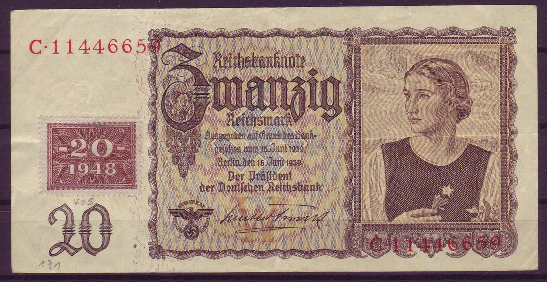 Alliierte Besetzung 1948, Coupon auf 20 Reichsmark, Rosenberg 336. Zustand II.Allied occupation