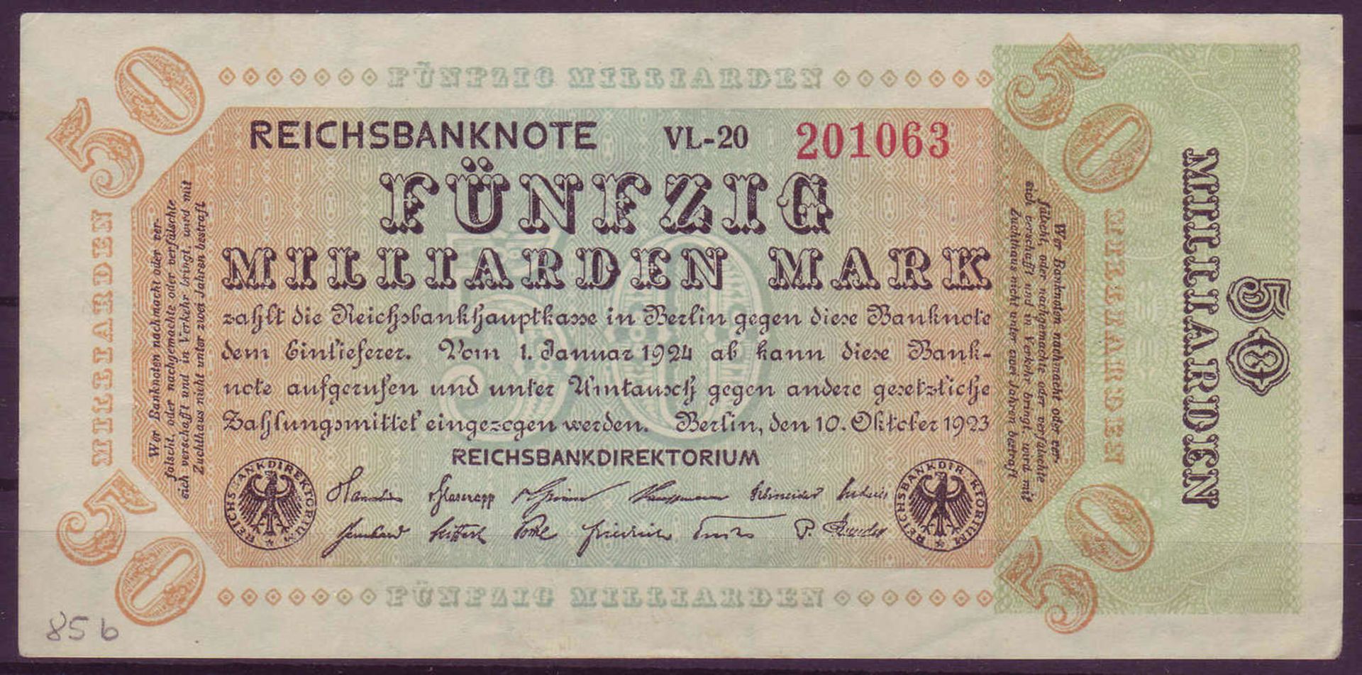 Weimarer Republik, Deutsche Reichsbank 1918 - 23. Fünfzig Milliarden Mark. Rosenberg 117d. WZ