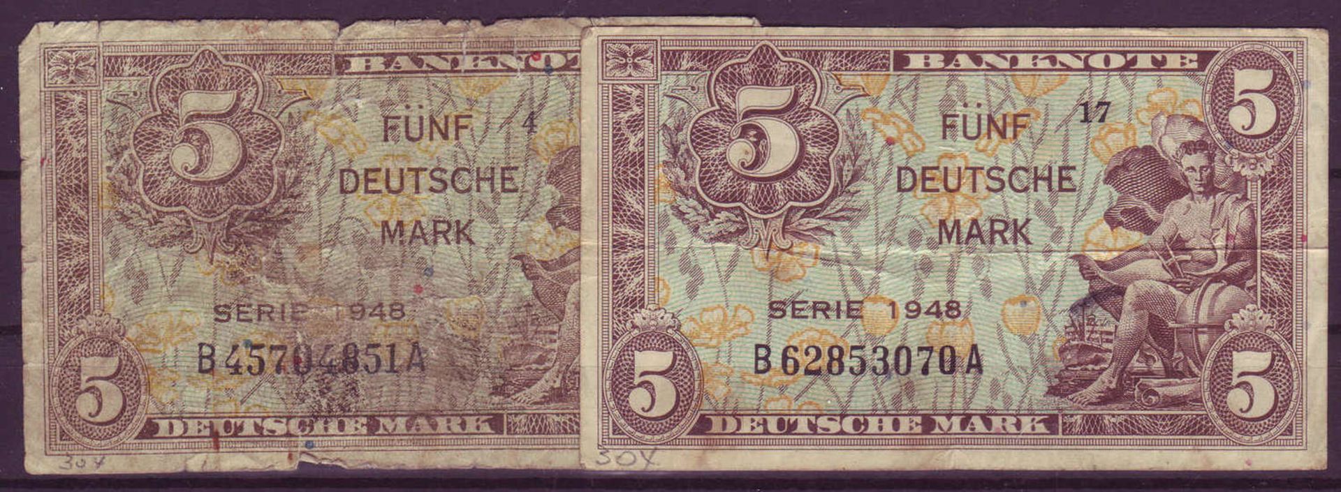 Alliierte Besetzung 1948, Bank deutscher Länder, 2 x 5 deutsche Mark. Rosenberg 236. Zustand: