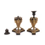 A Pair of Neoclassical Gilt and Patinated Bronze Candlesticks