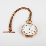 A 9ct gold open faced pocket watch and 9ct gold chain, the pocket watch with white enamelled dial