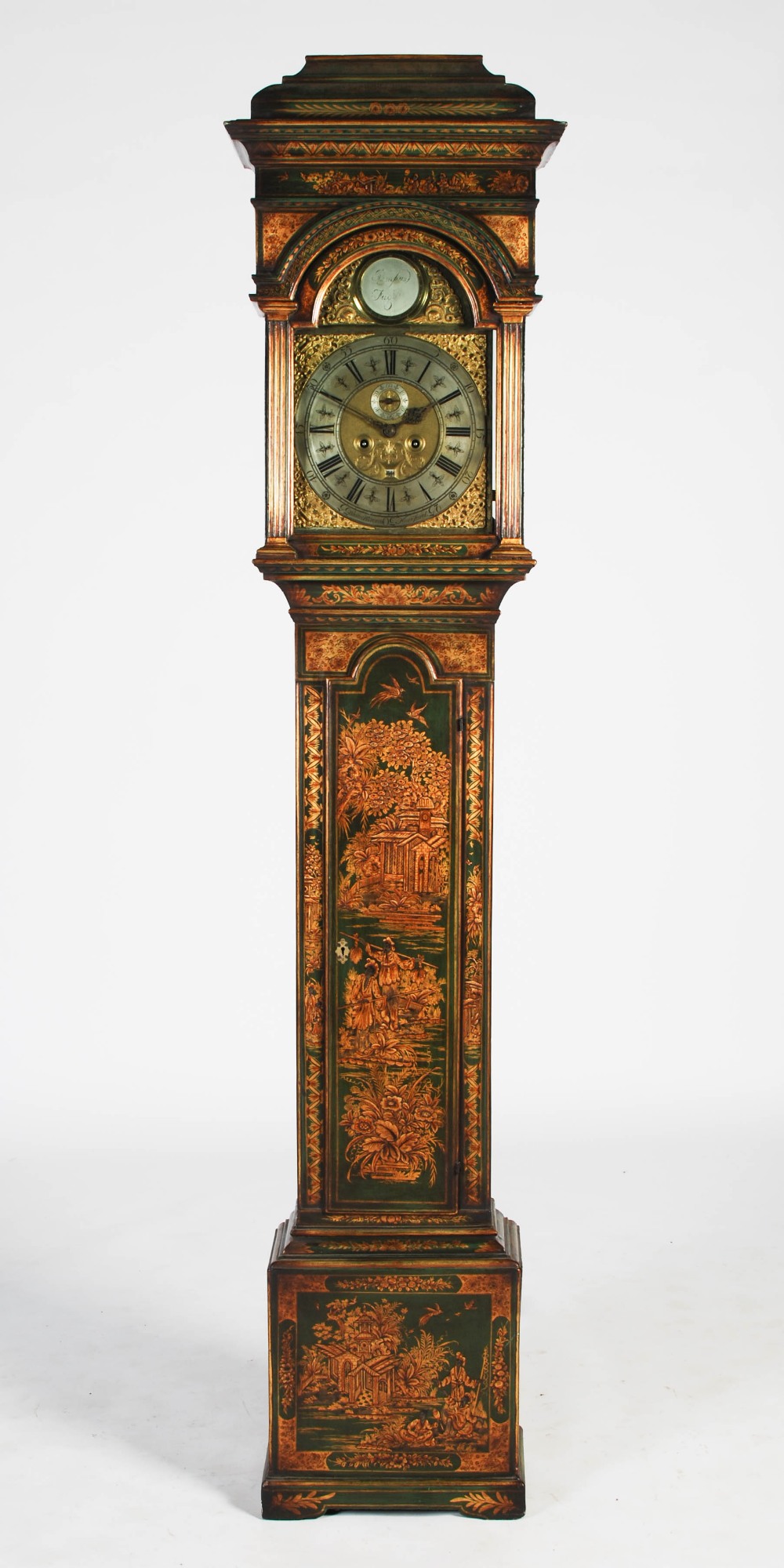 A George III green lacquer longcase clock, Walter Morgan, Hereford, the brass dial with silvered