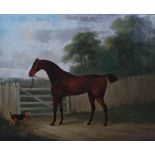 Francis Sartorius (1734-1804) Tethered Chestnut hunter and terrier oil on canvas, signed lower right