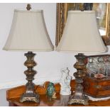A pair of contemporary bronzed metal table lamps and shades, overall 76cm high.