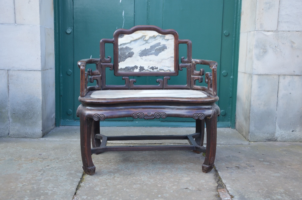 A Chinese dark wood and marble armchair, Qing Dynasty, the rectangular panelled back with grey and - Image 2 of 4