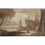 18th/ 19th century British School Moonlight castle scene and figures before pavilion verso ink and