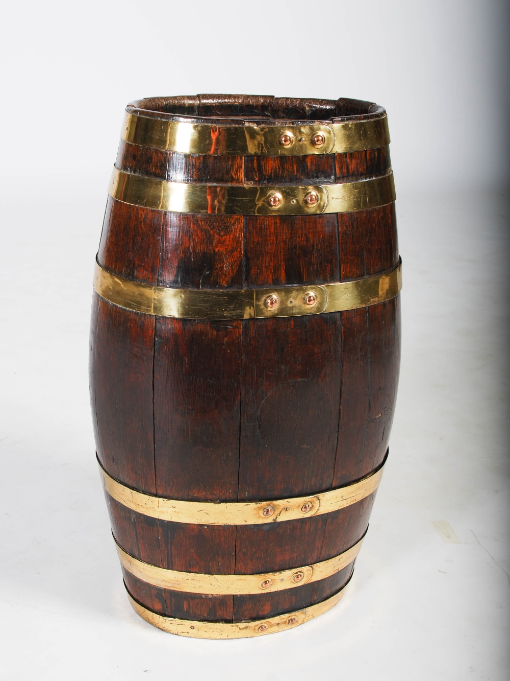 A late 19th century oak and brass bound barrel shaped stick stand, 61cm high x 29cm wide x 22cm - Image 3 of 6