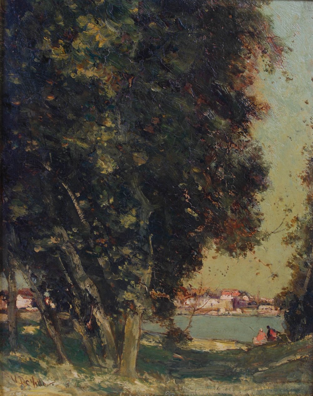 Vickers Deville (1856-1925) Lakeside with figures oil on panel, signed lower left 26.5cm x 21cm