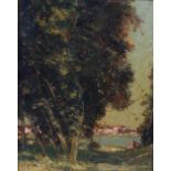 Vickers Deville (1856-1925) Lakeside with figures oil on panel, signed lower left 26.5cm x 21cm