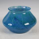 A rare Monart vase, shape BB, mottled blue and green with four pulled up lines, bearing remains of