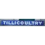 An early 20th century blue and white enamel Railway Station sign for TILLICOULTRY, formed in two