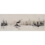 William Lionel Wyllie (1851-1931) On the Thames etching, signed in pencil lower left 13cm x 34cm
