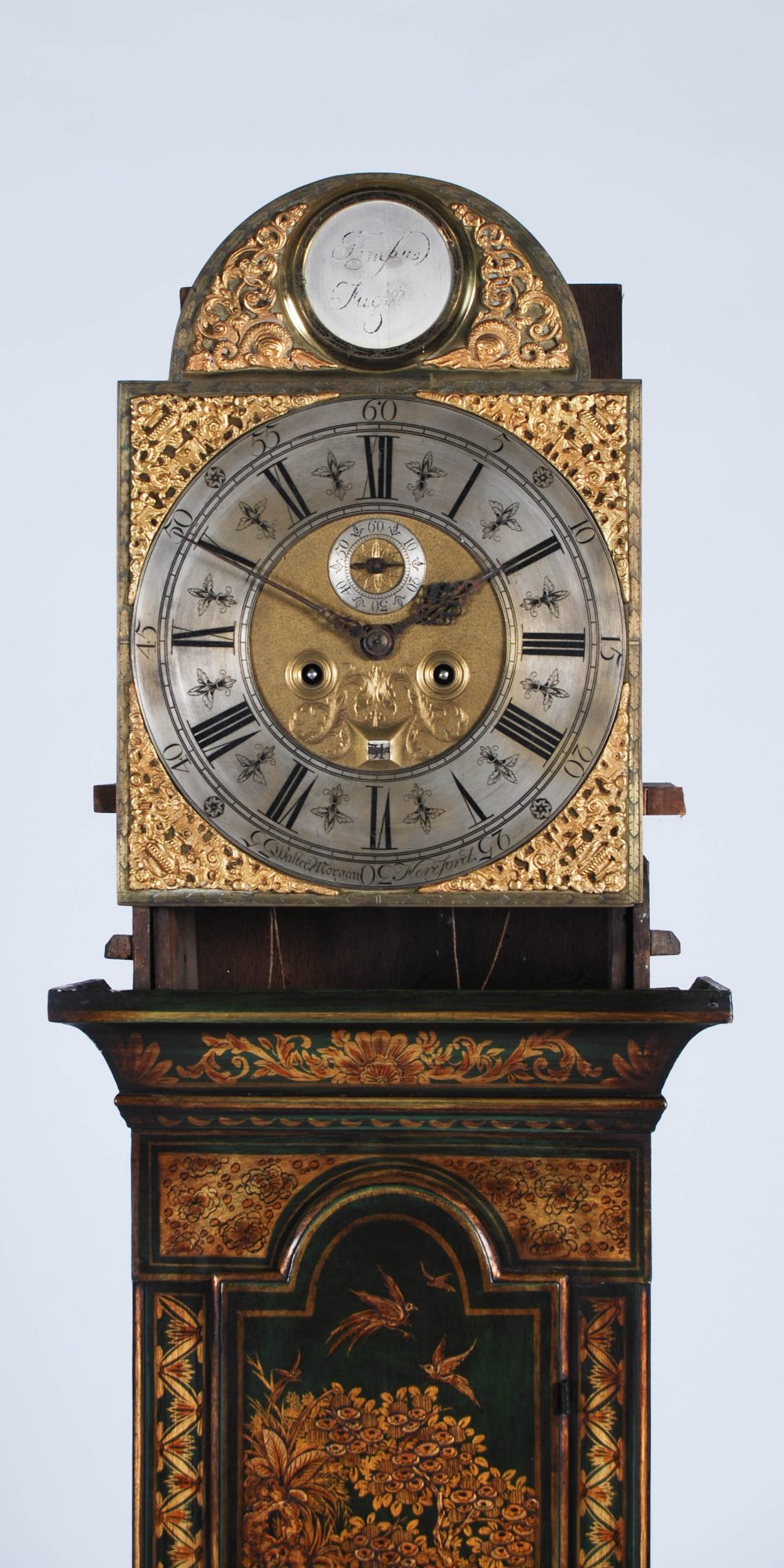 A George III green lacquer longcase clock, Walter Morgan, Hereford, the brass dial with silvered - Image 4 of 7