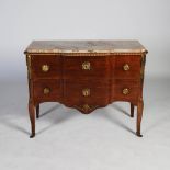 A late 19th/early 20th century French Transitional Style breakfront commode, the shaped marble top