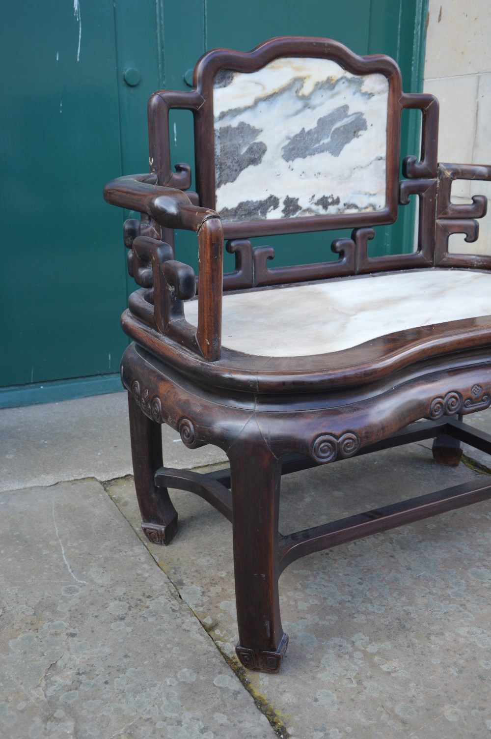 A Chinese dark wood and marble armchair, Qing Dynasty, the rectangular panelled back with grey and - Image 4 of 4