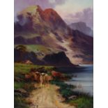 Late 19th century British School Cattle watering in a Highland landscape oil on canvas, indistinctly