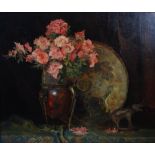 Early 20th century British School Still life with pink blooms in a copper jardiniere, with