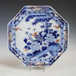 A large Japanese octagonal shaped blue and white charger, late 19th/early 20th century, decorated