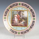 A Vienna porcelain blue ground charger, decorated with a square shaped panel of classical figures