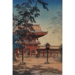 Two Japanese woodblock prints, early 20th century, winter landscape and figures and Pavilion with