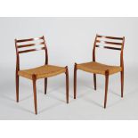 A set of eight Model 78 rosewood dining chairs designed by Niels Moller, Danish, with woven strung