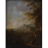 19th century Continental School Mountain landscape with figures on path oil on board 20cm x 15.5cm