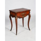 A late 19th century French kingwood, marquetry and ormolu mounted work table, the rectangular top