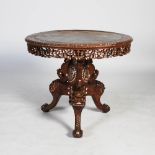 A Chinese dark wood and mother of pearl inlaid centre table, Qing Dynasty, the circular top with a