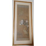 A Japanese painted silk scroll, Meiji Period, decorated in colours with a pair of egrets and