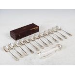 A set of twelve Victorian silver teaspoons and sugar tongs, Glasgow, 1841, makers mark of D.C.R,