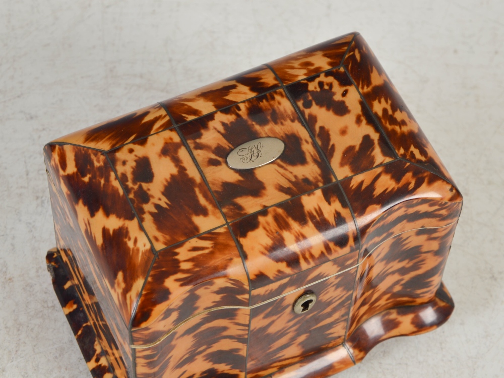 A 19th century tortoiseshell tea caddy, the hinged cover centred with a white metal oval initial - Image 2 of 10