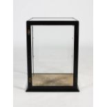 An early 20th century ebonised and bevelled glass shop display cabinet, of rectangular form with