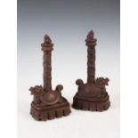 A pair of Chinese Yixing incense burners, formed in two sections with the upper section formed as