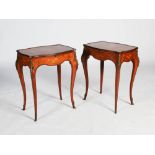 A pair of early 20th century kingwood, marquetry and ormolu mounted side tables, the shaped