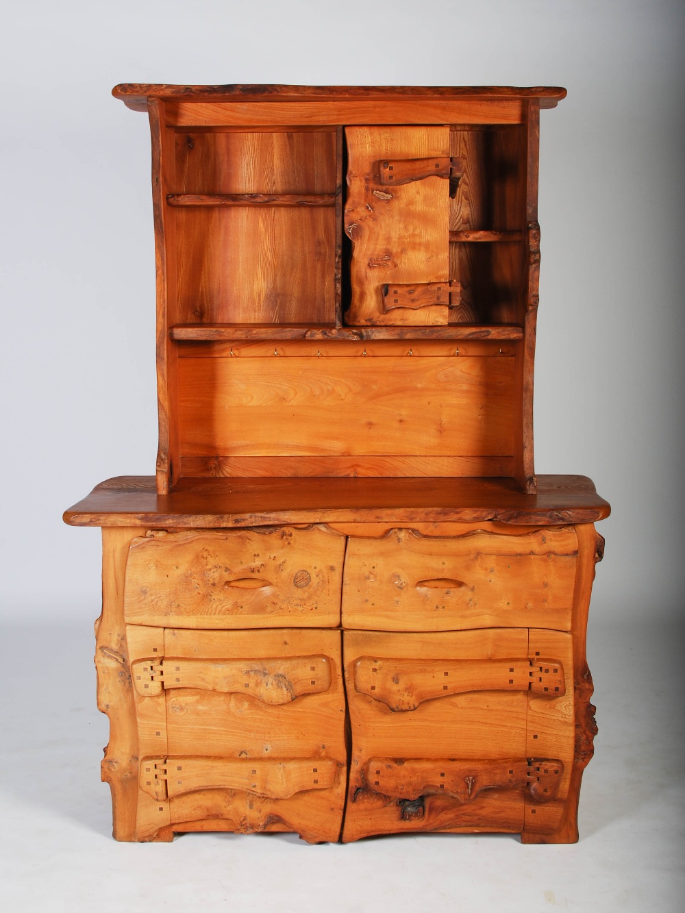 Tim Stead (1952-2000) - A burr elm dresser, the upper section with four open shelves and single