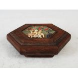 A Chinese dark wood, green stone, coral, ivory and lapis lazuli mounted hexagonal shaped box and