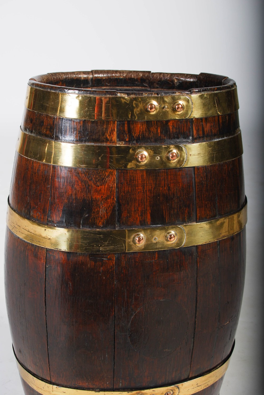 A late 19th century oak and brass bound barrel shaped stick stand, 61cm high x 29cm wide x 22cm - Image 4 of 6