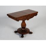 A 19th century rosewood pedestal card table, the rounded rectangular top opening to a green baize