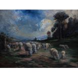 David R. Lee (early 20th century) Shepherd and flock grazing oil on canvas, signed lower left 29.5cm