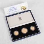 Royal Mint, The 1988 United Kingdom Gold Proof three coin Set, No. 01291, with Certificate in blue