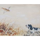 AR Reuben Ward Binks (1880-1950) Cocker Spaniel and duck taking flight watercolour, signed lower