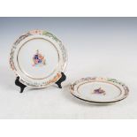 Three Chinese porcelain famille rose armorial side plates, Qing Dynasty, decorated with armorial