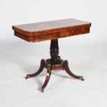 A 19th century rosewood and brass inlaid pedestal card table, the hinged rectangular top with a