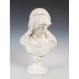 A 19th century white marble bust of a lady, signed on socle base M. Johnson, Fecit, 46cm high.