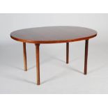 A 1960's Danish rosewood extending table by France & Son, the rounded ends enclosing one