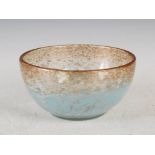 A Monart bowl, shape AF, mottled clear and blue glass with gold coloured inclusions, The Royal