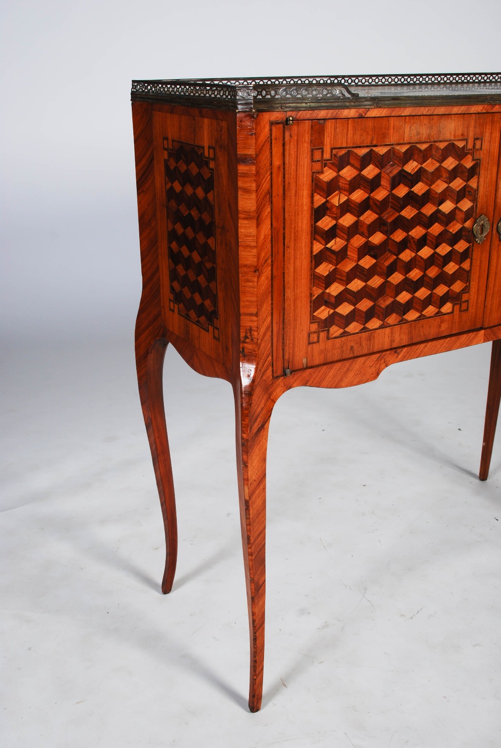 A late 19th century French kingwood, parquetry and gilt metal mounted writing cabinet, the grey - Image 3 of 5