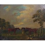 Follower of Francis Sartorius (1734-1804) Three hunters, groom and dog oil on canvas 40.5cm x 51cm